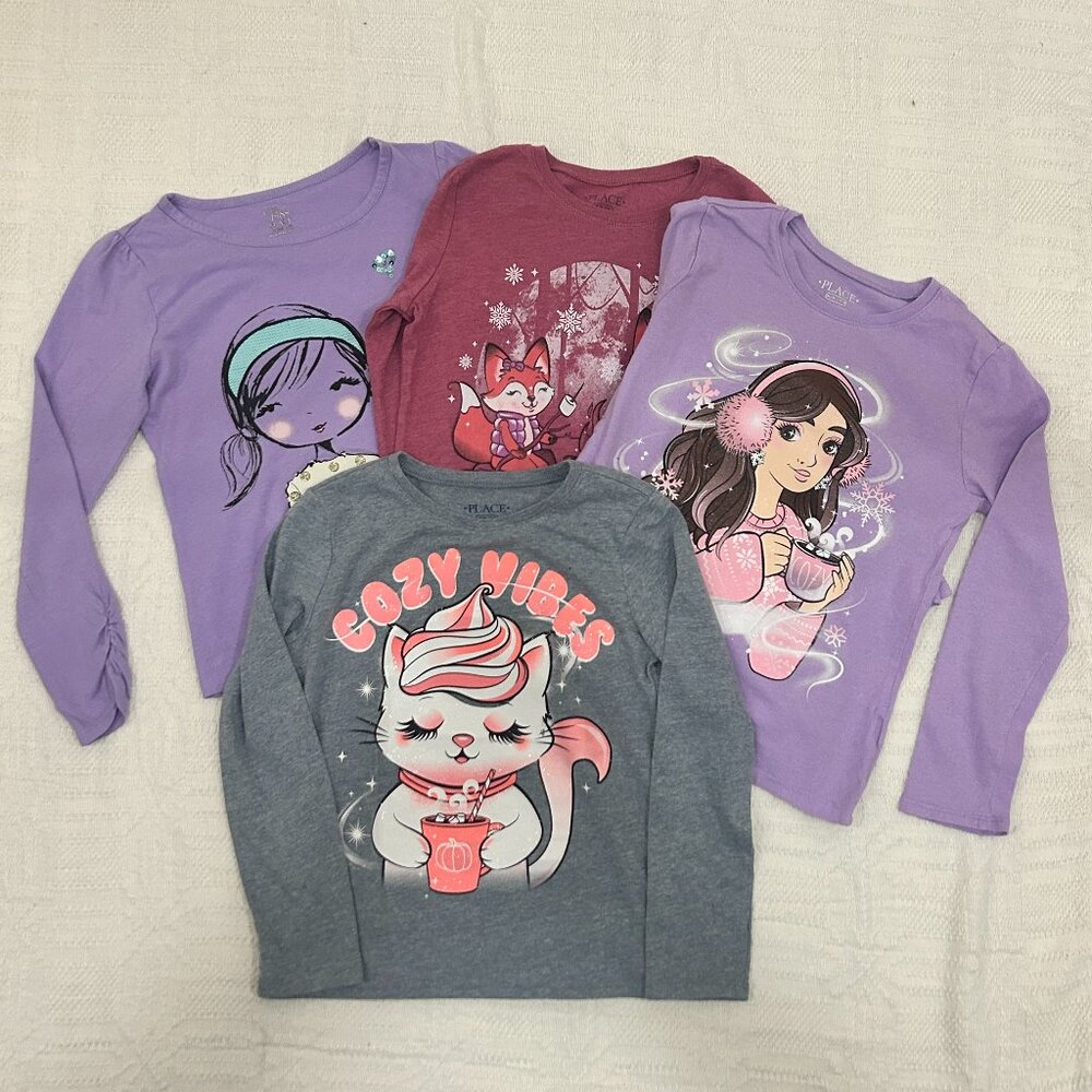 Bundle: (4) Long Sleeves Shirt with Cute Graphics - Size 7/8